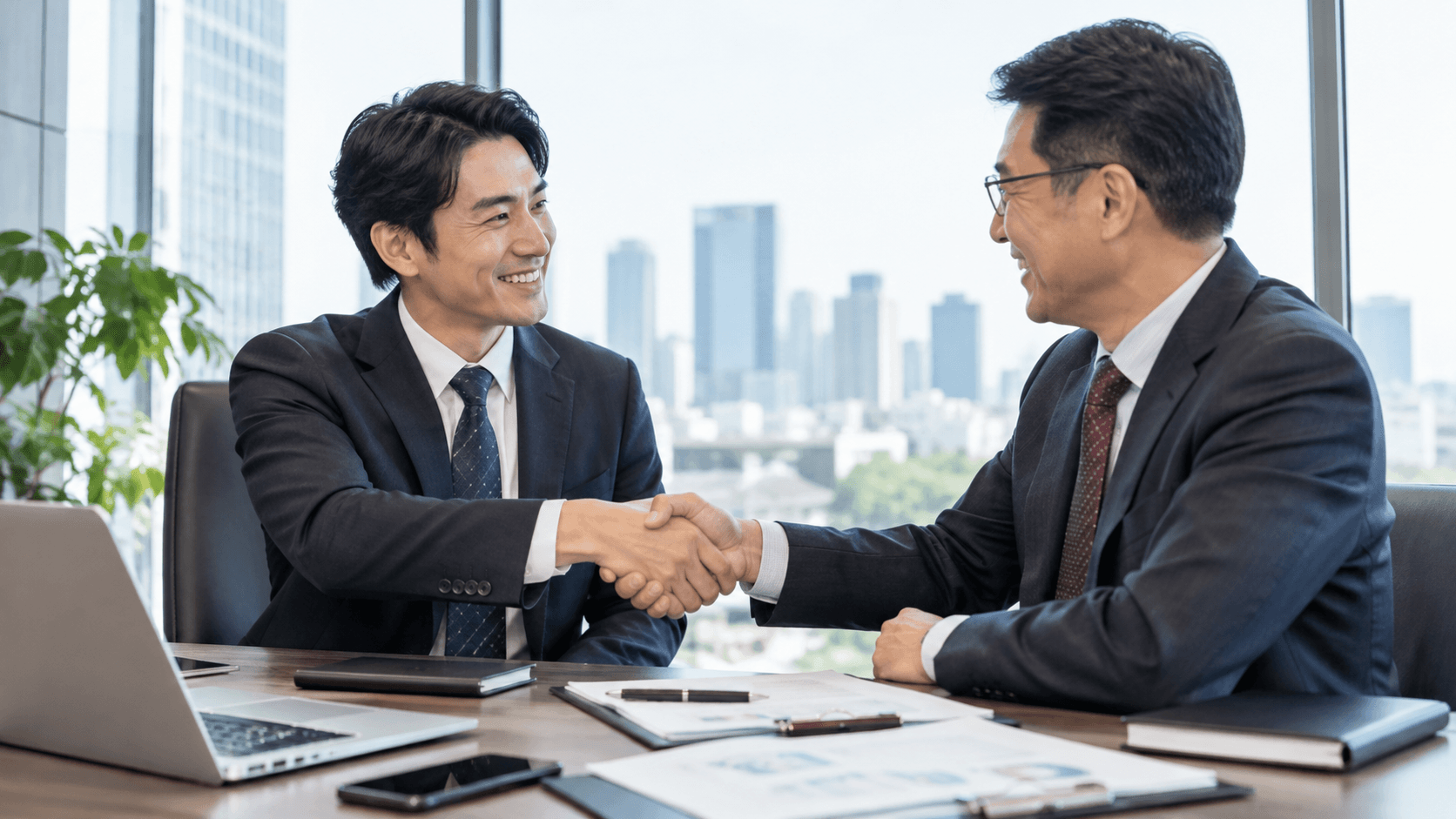 中国の取引先との交渉がまとまり握手するビジネスパーソン